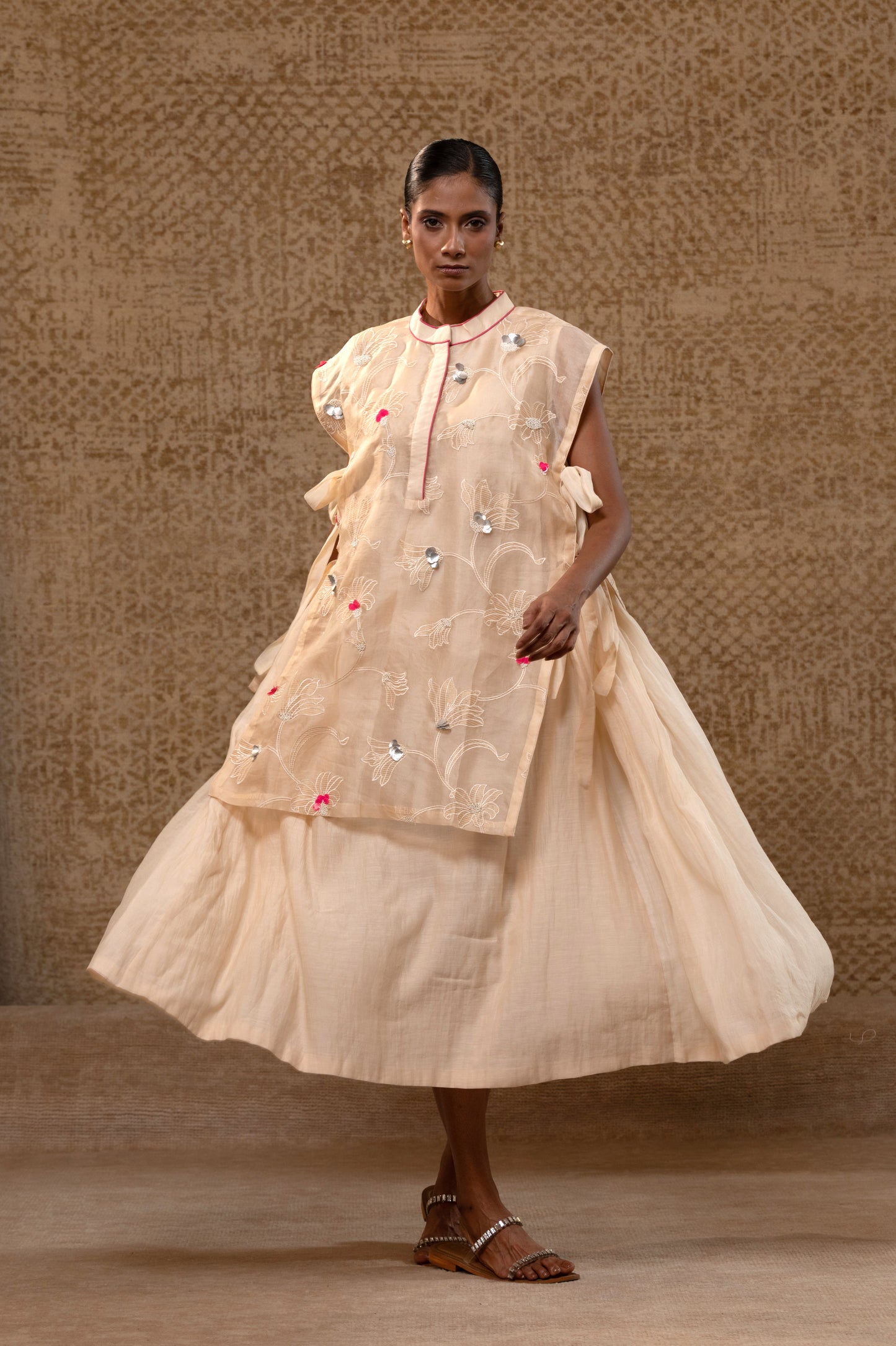 Taral A-Line Organza Applique Dress - Off-White
