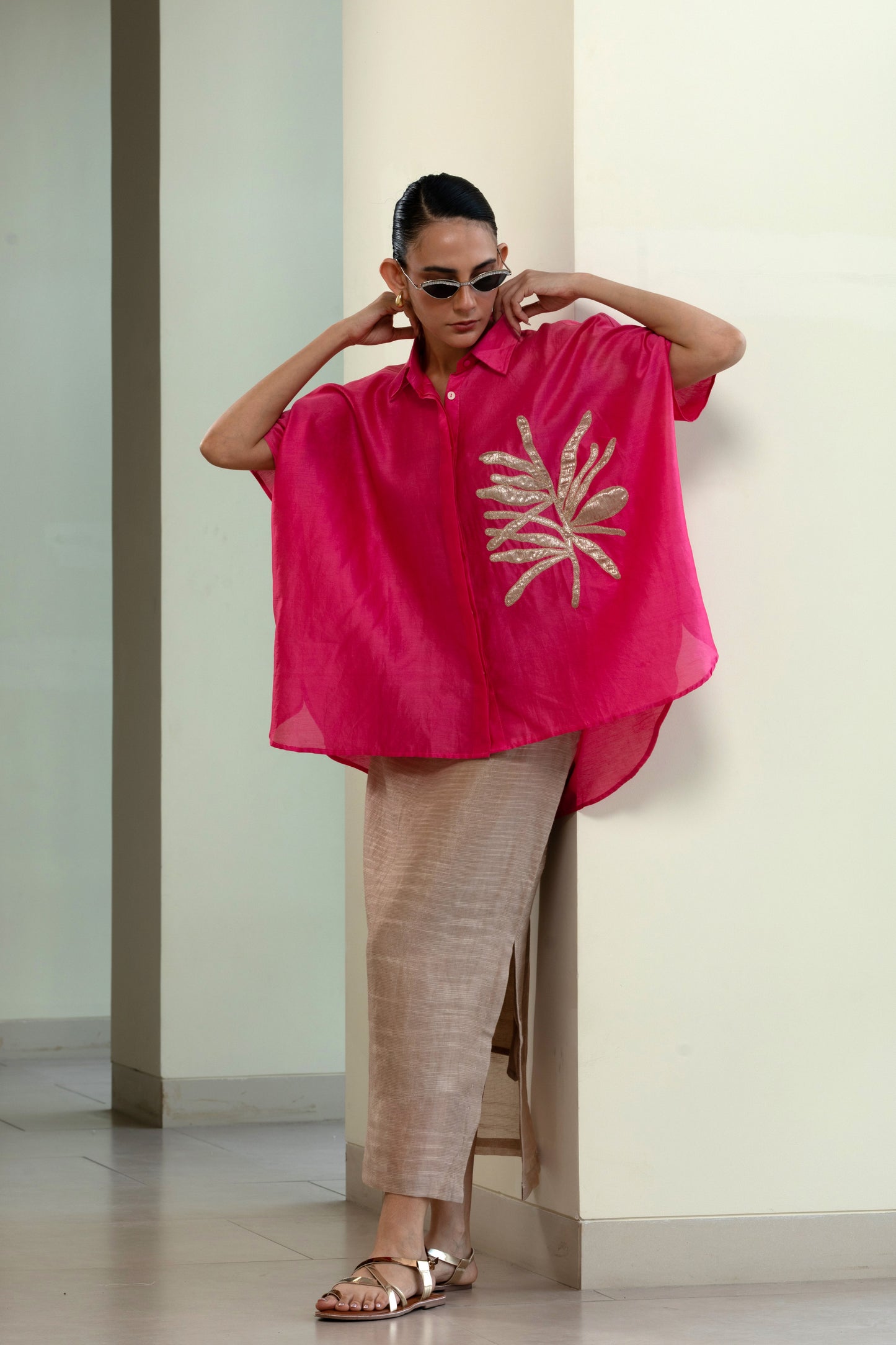 Leaf Kaftan Shirt - Pink