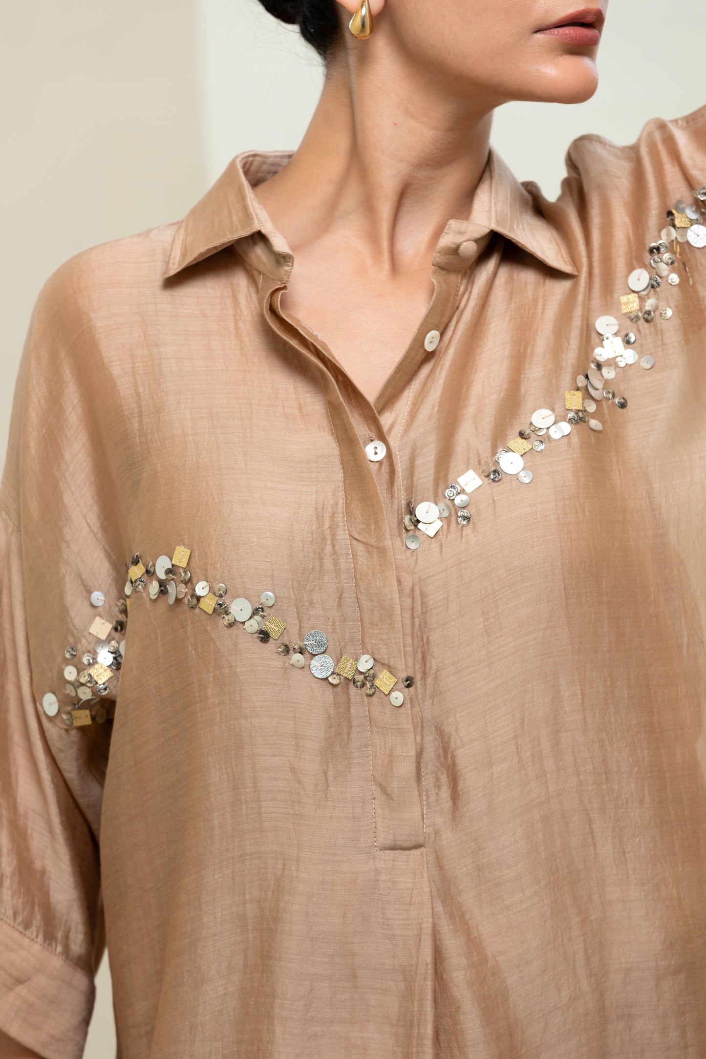 Chanderi Silk Sequins Shirt - Beige