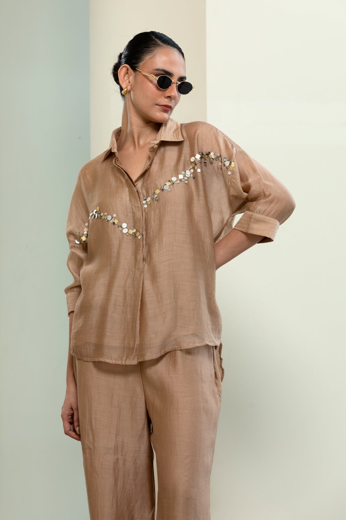 Chanderi Silk Sequins Shirt - Beige