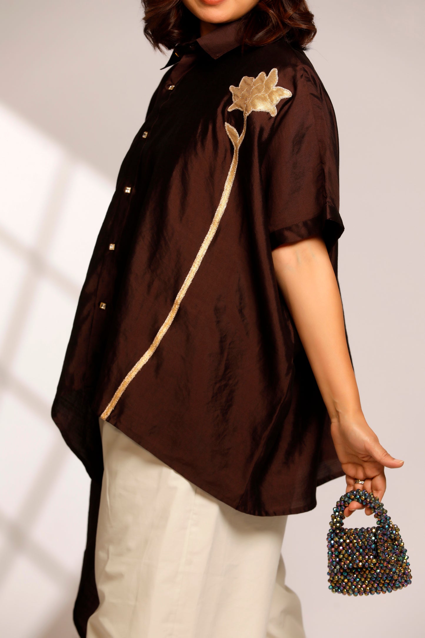 Asymmetrical Rose  Shirt - Brown