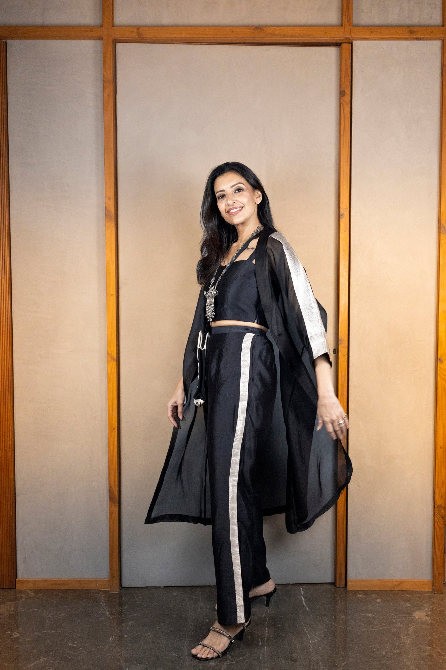 Chamak Long Coat With Coords -Black