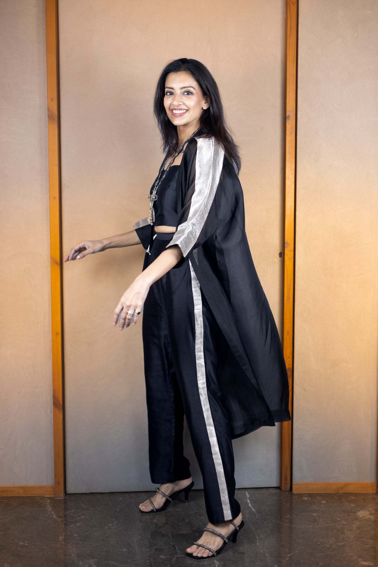 Chamak Long Coat With Coords -Black