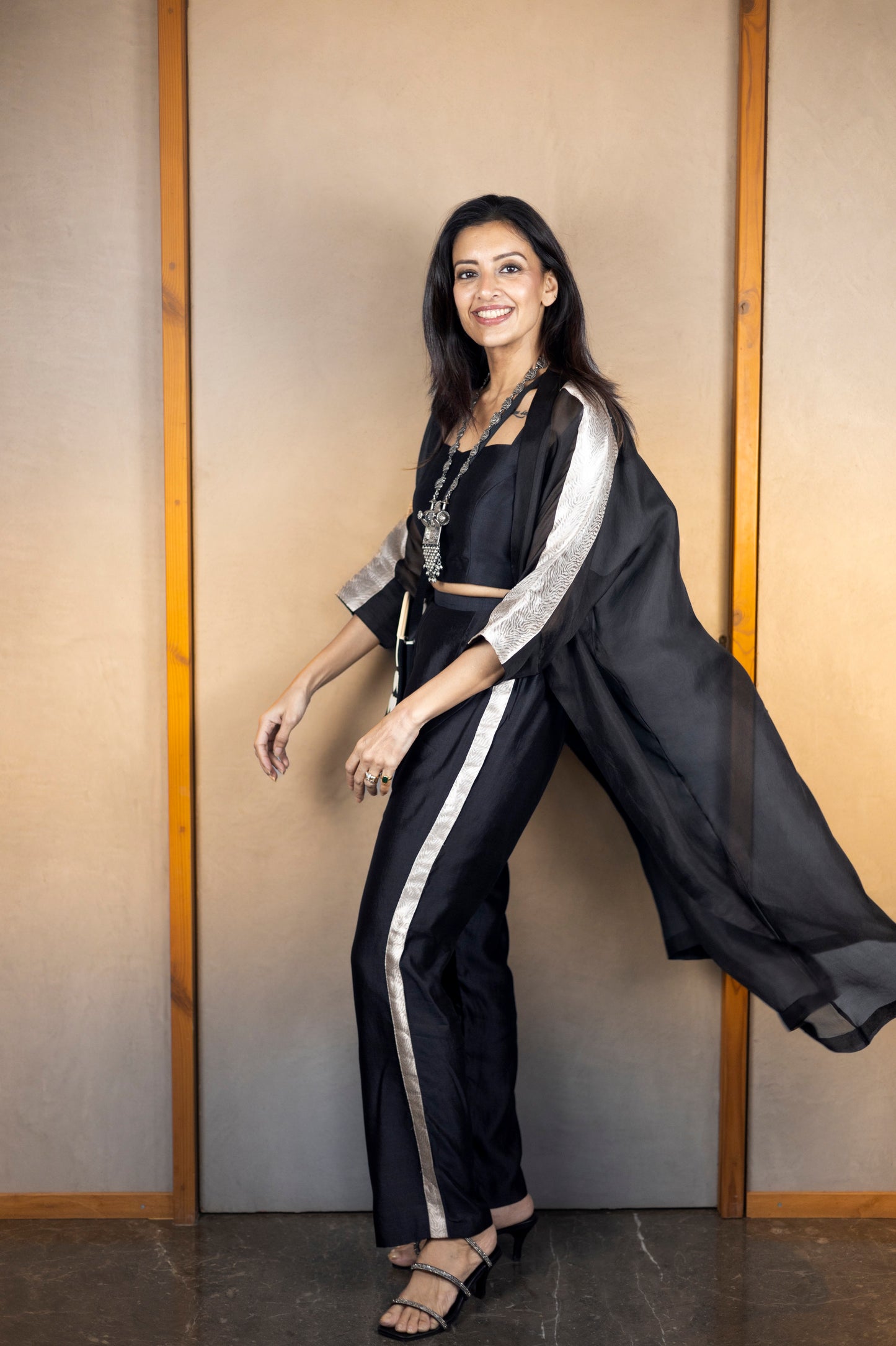 Chamak Long Coat With Coords -Black