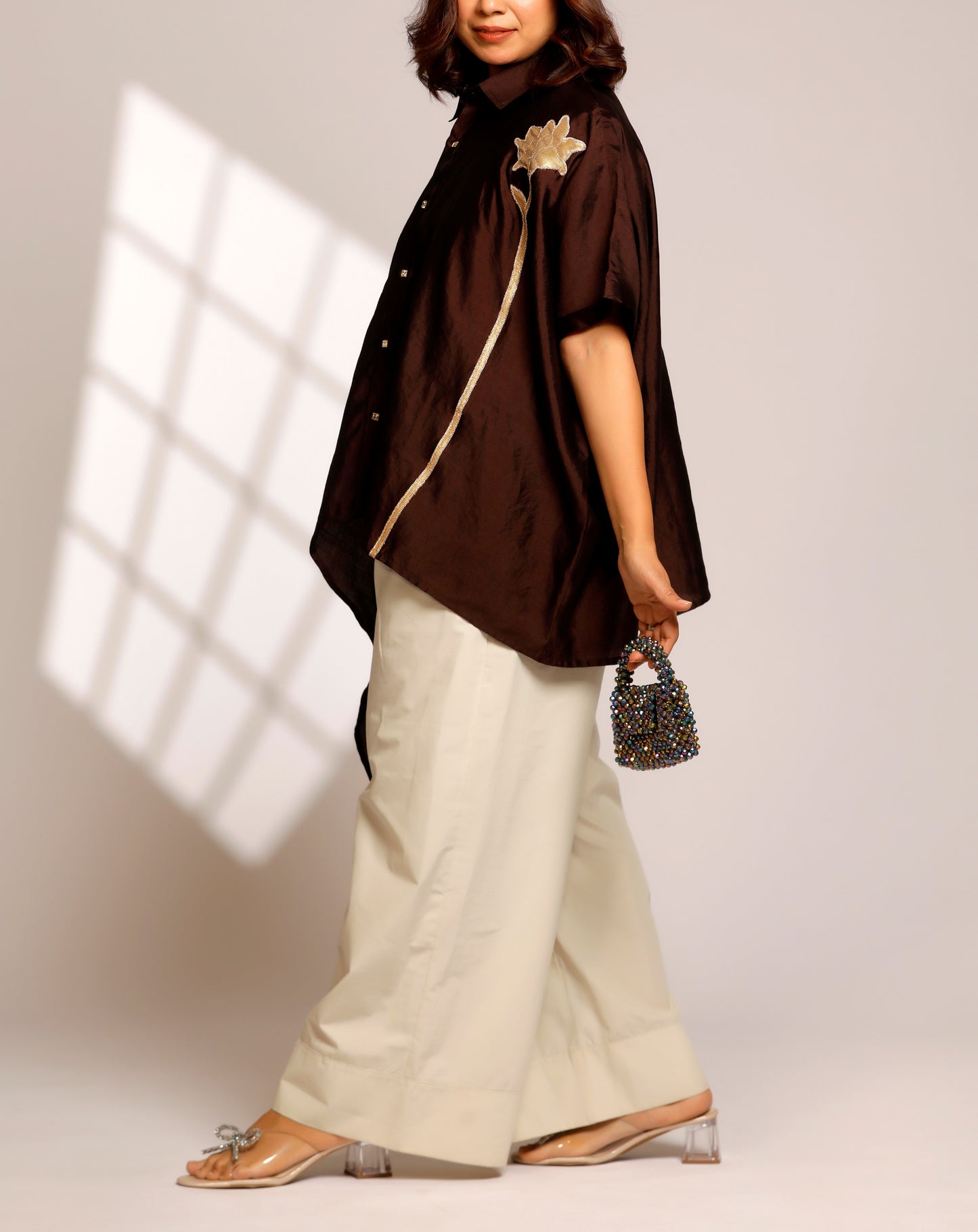 Asymmetrical Rose  Shirt - Brown