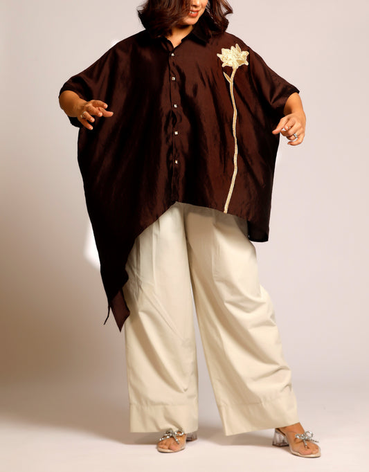 Asymmetrical Rose  Shirt - Brown