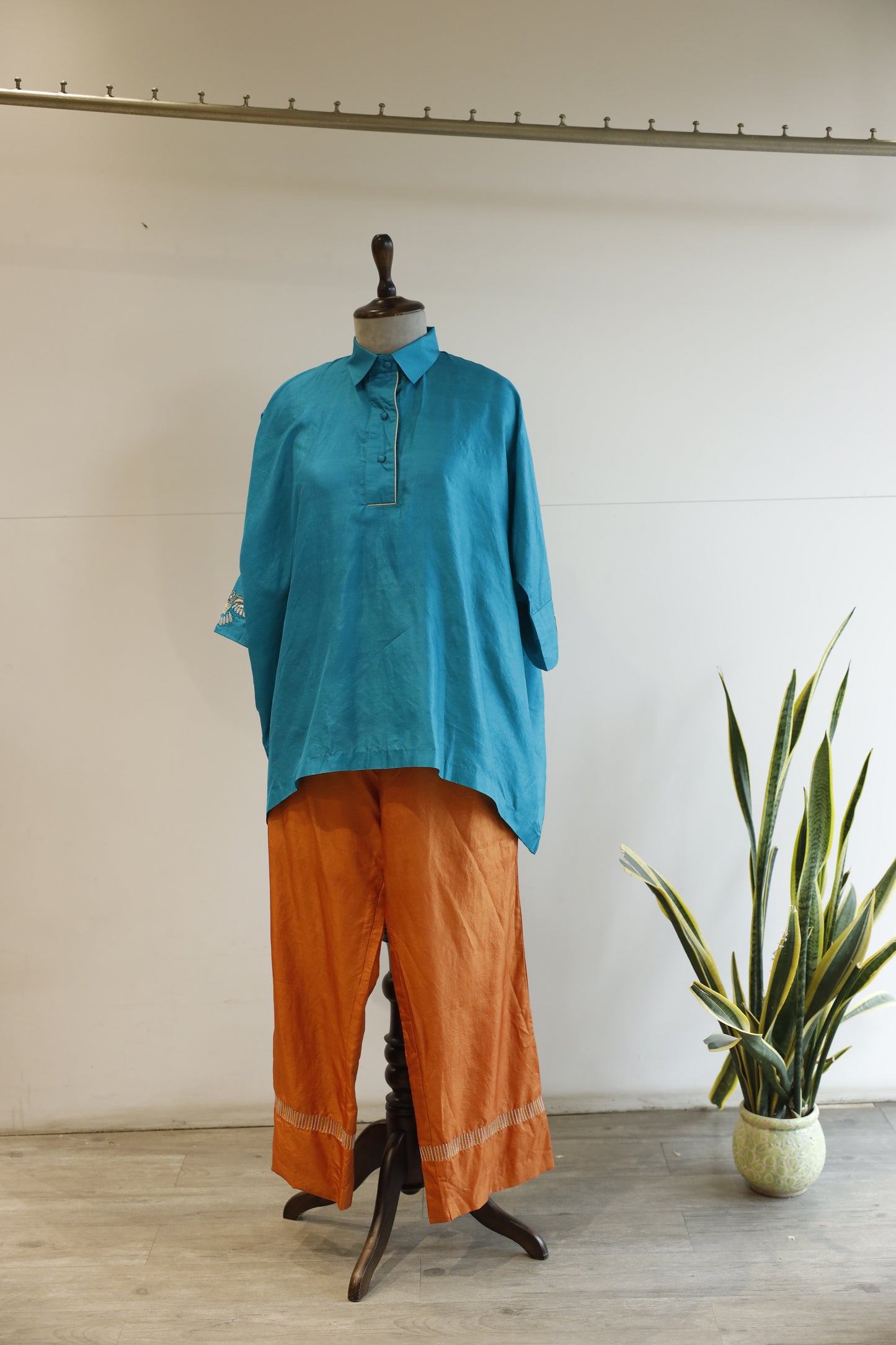 Aara Silk Top with Pant - Blue