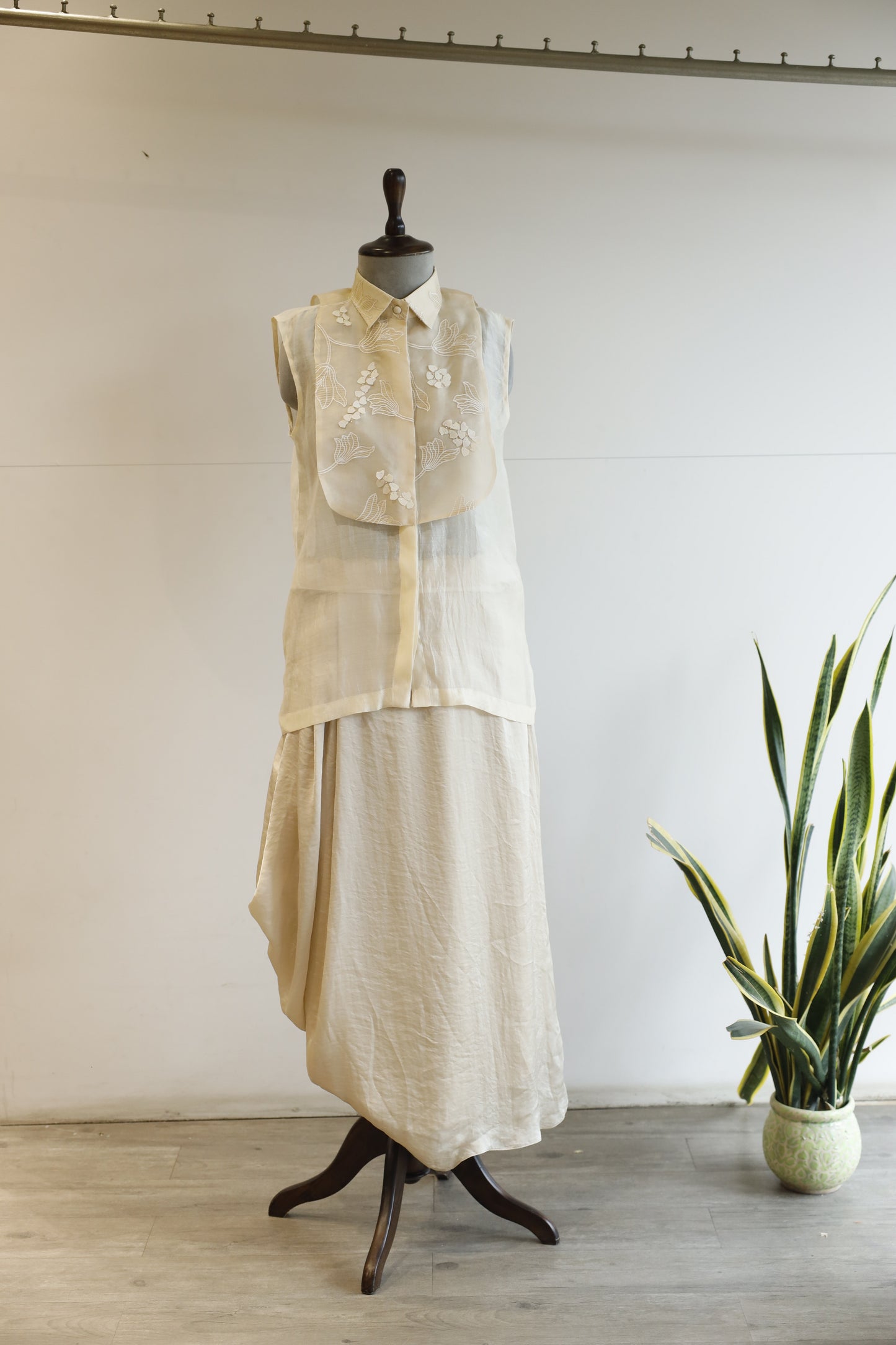 Silk Organza Yolk Shirt with Skirt - Off-White