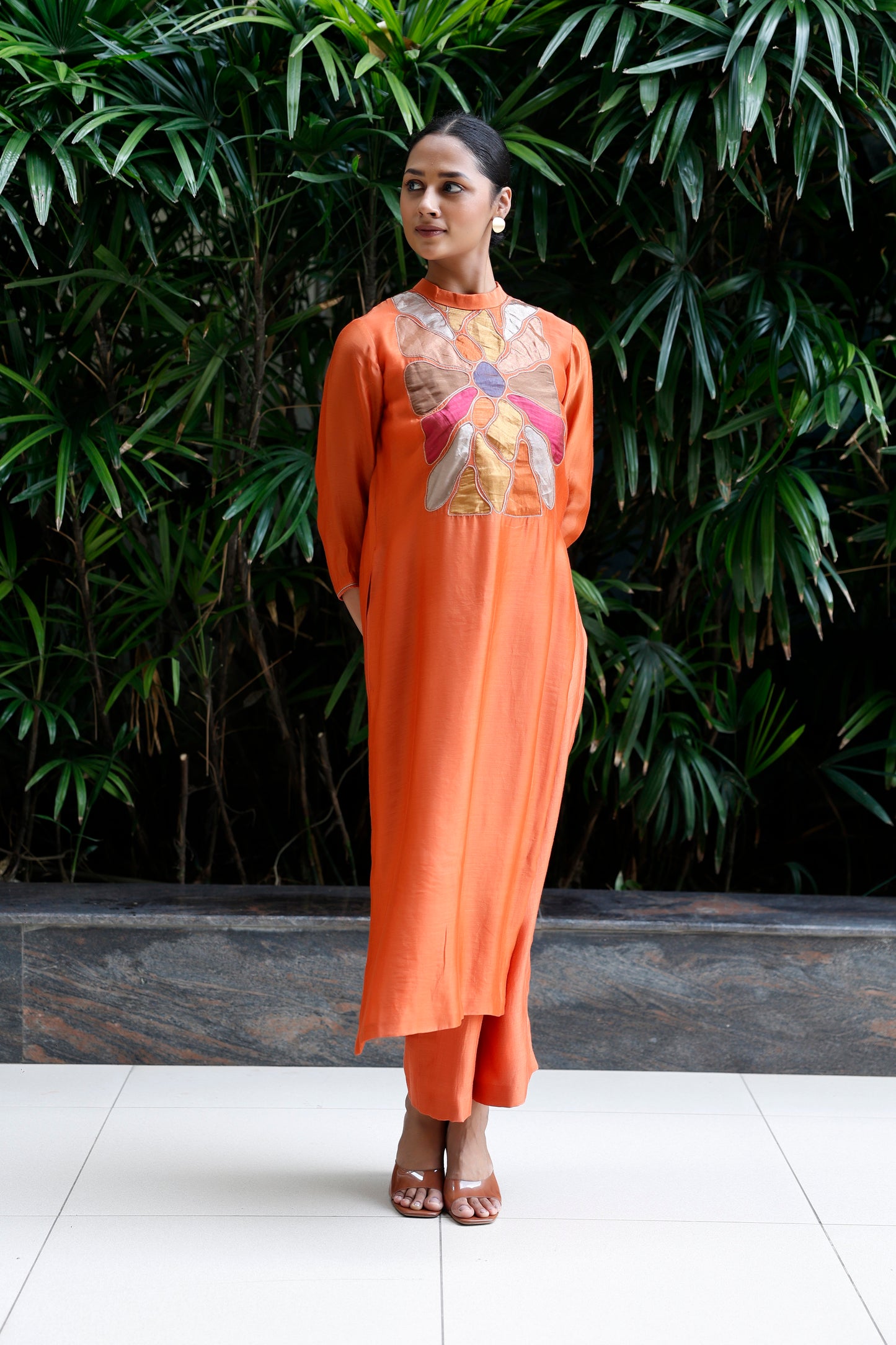 Patch Work Silk Kurta Set - Orange