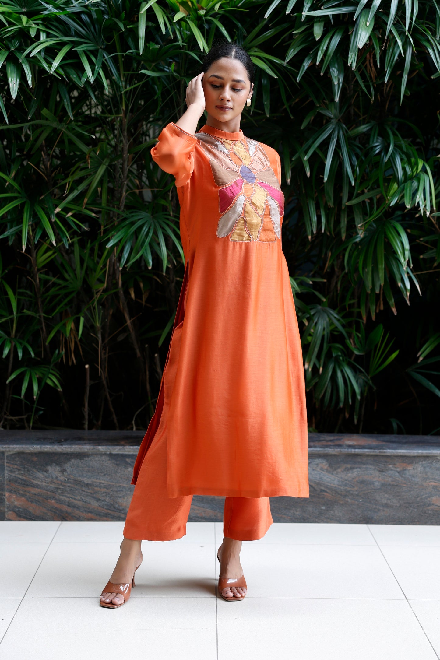 Patch Work Silk Kurta Set - Orange