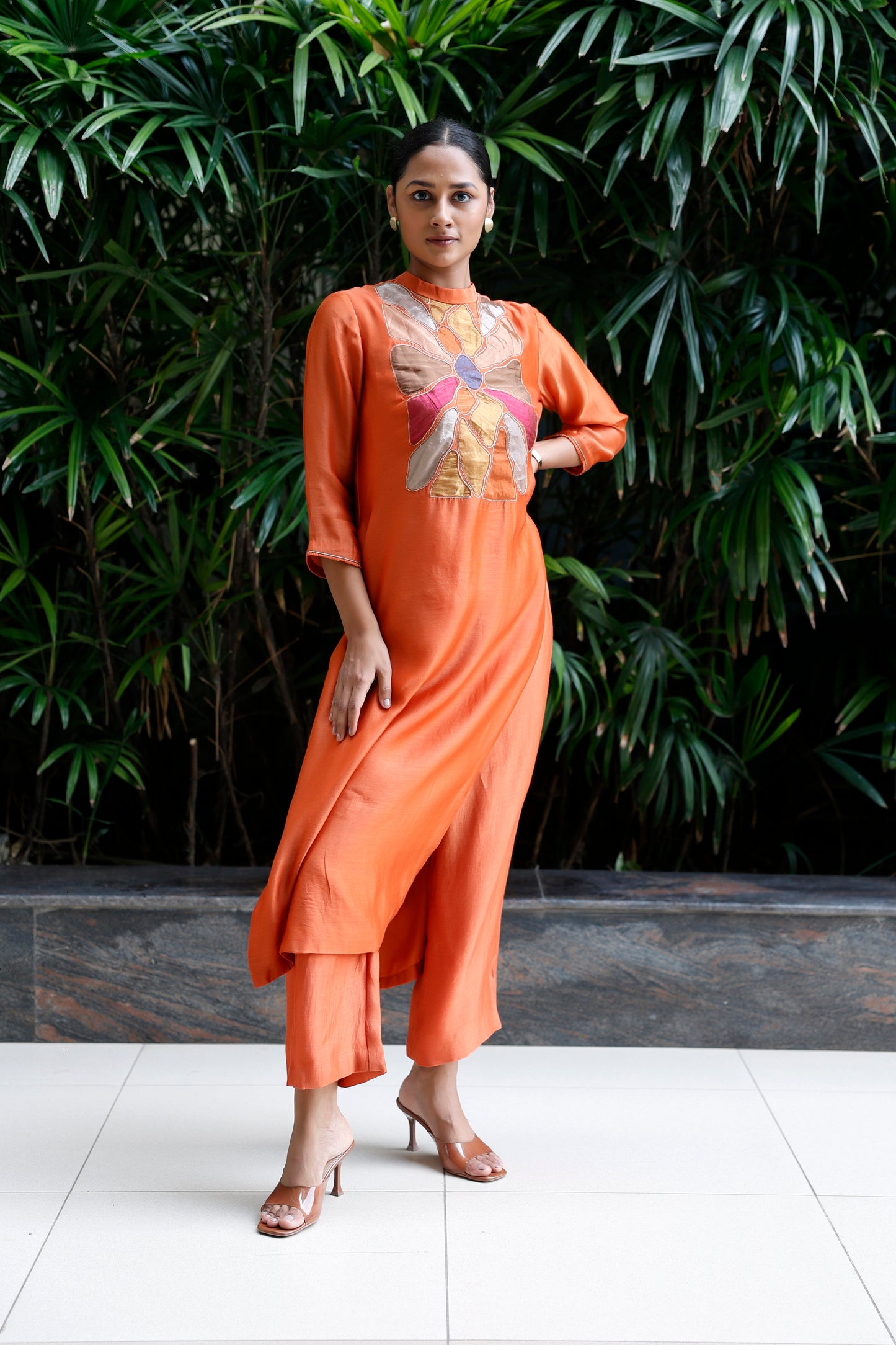 Patch Work Silk Kurta Set - Orange