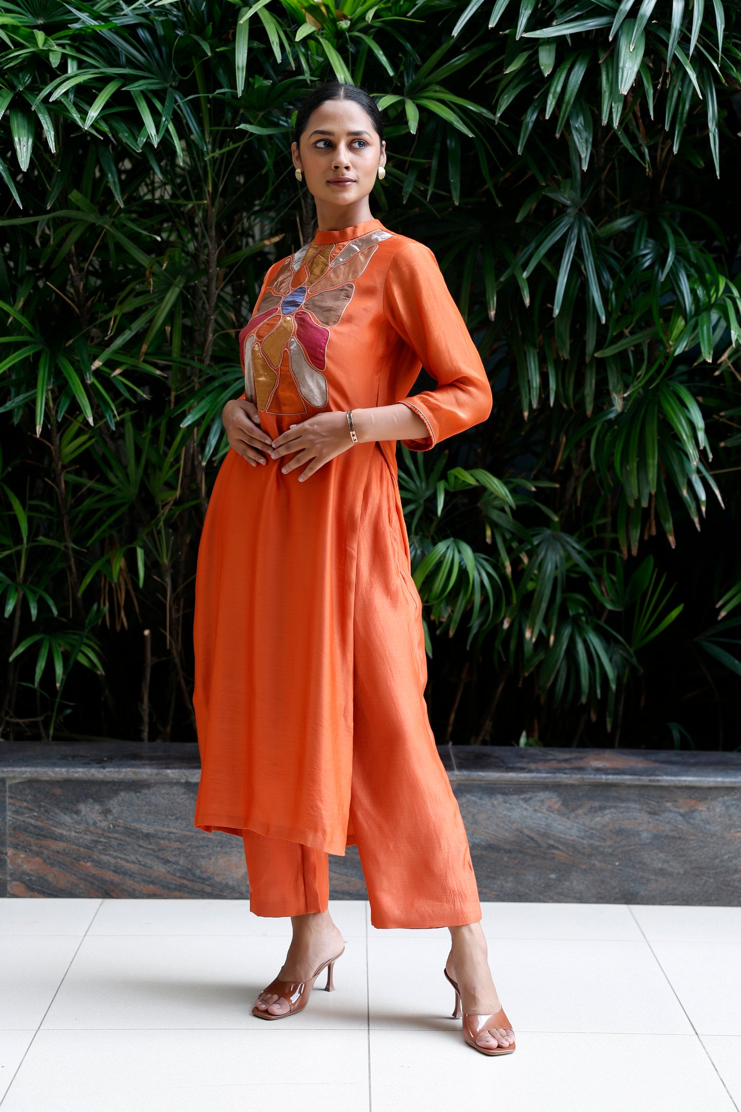 Patch Work Silk Kurta Set - Orange
