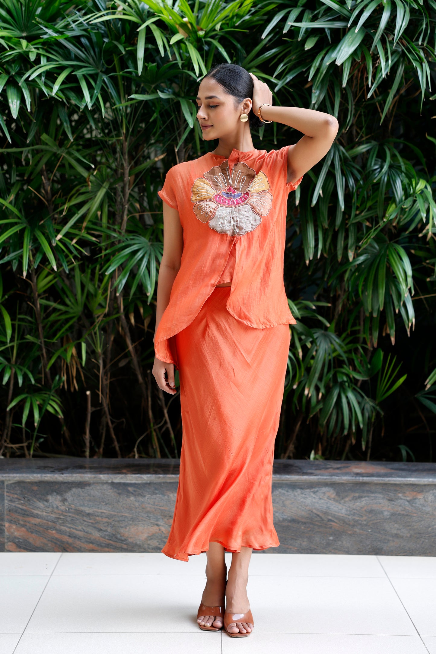 Patch Silk Skirt Set - Orange