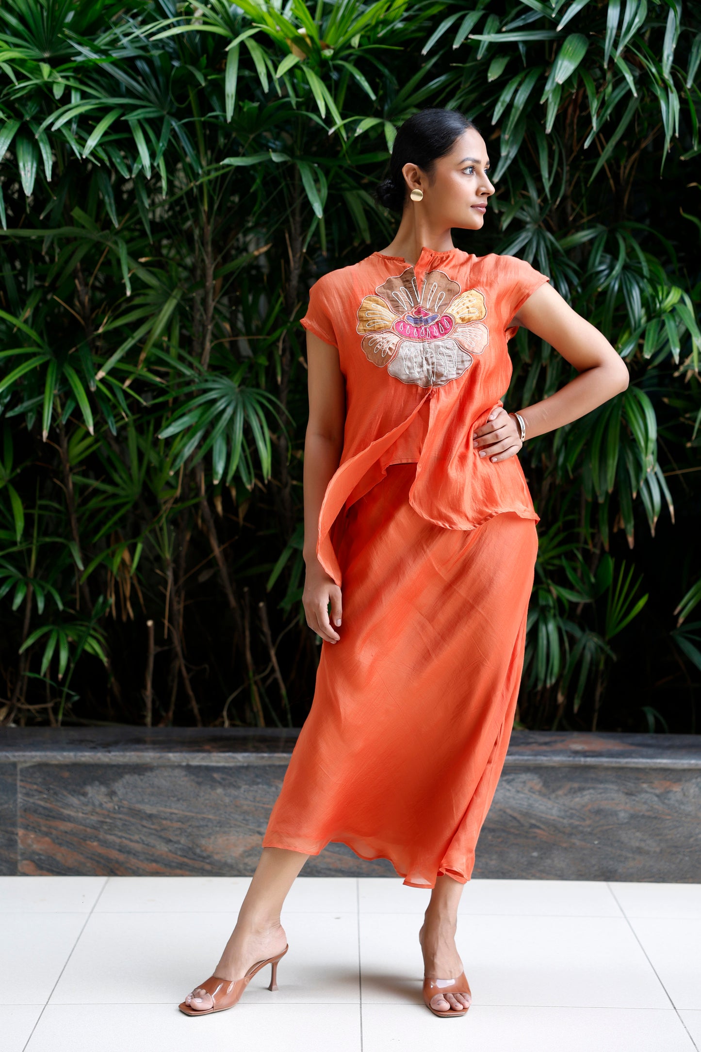 Patch Silk Skirt Set - Orange