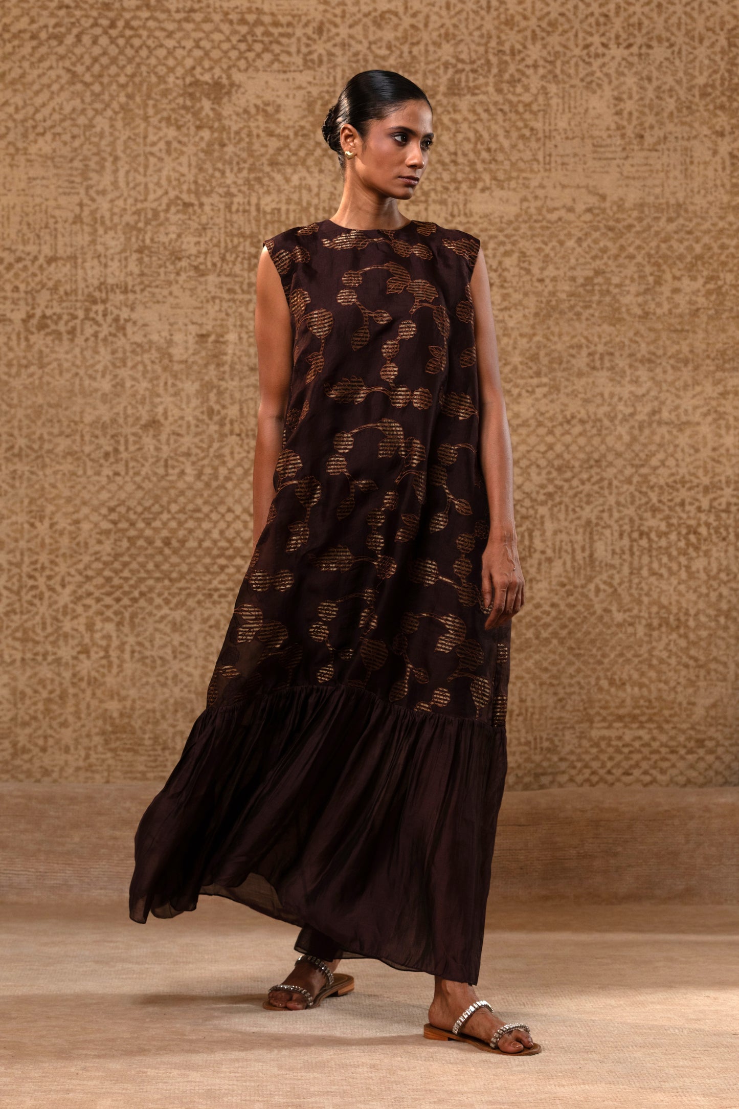 Taral Organza Applique Dress - Brown