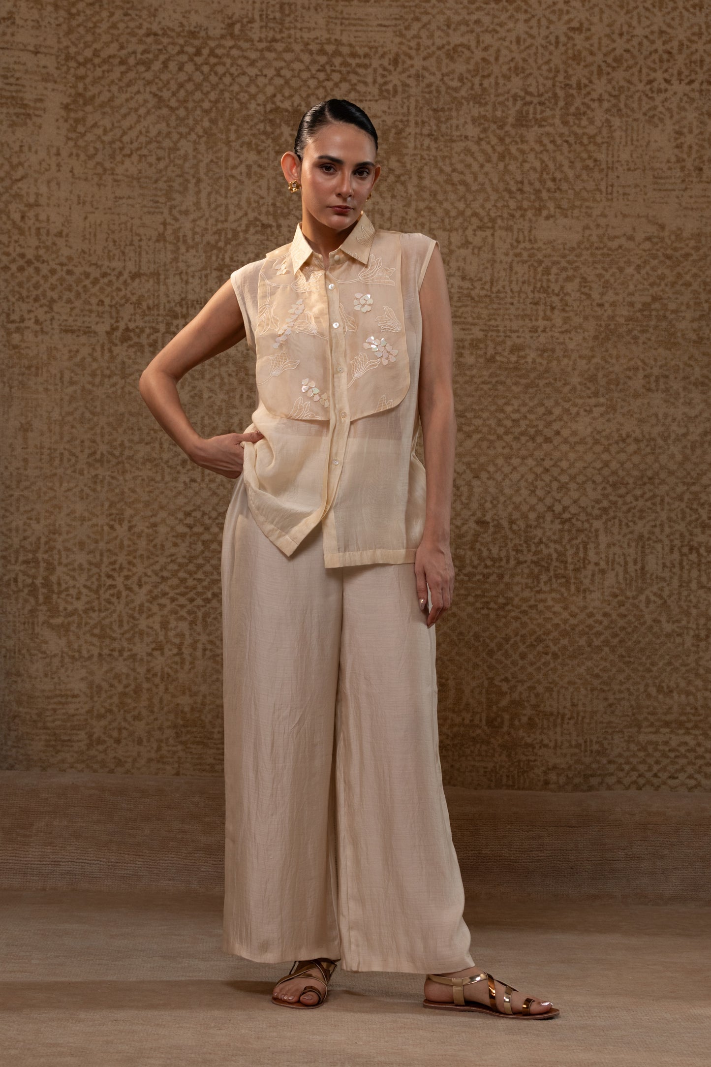 Taral Applique Yolk Shirt Set - Off-White