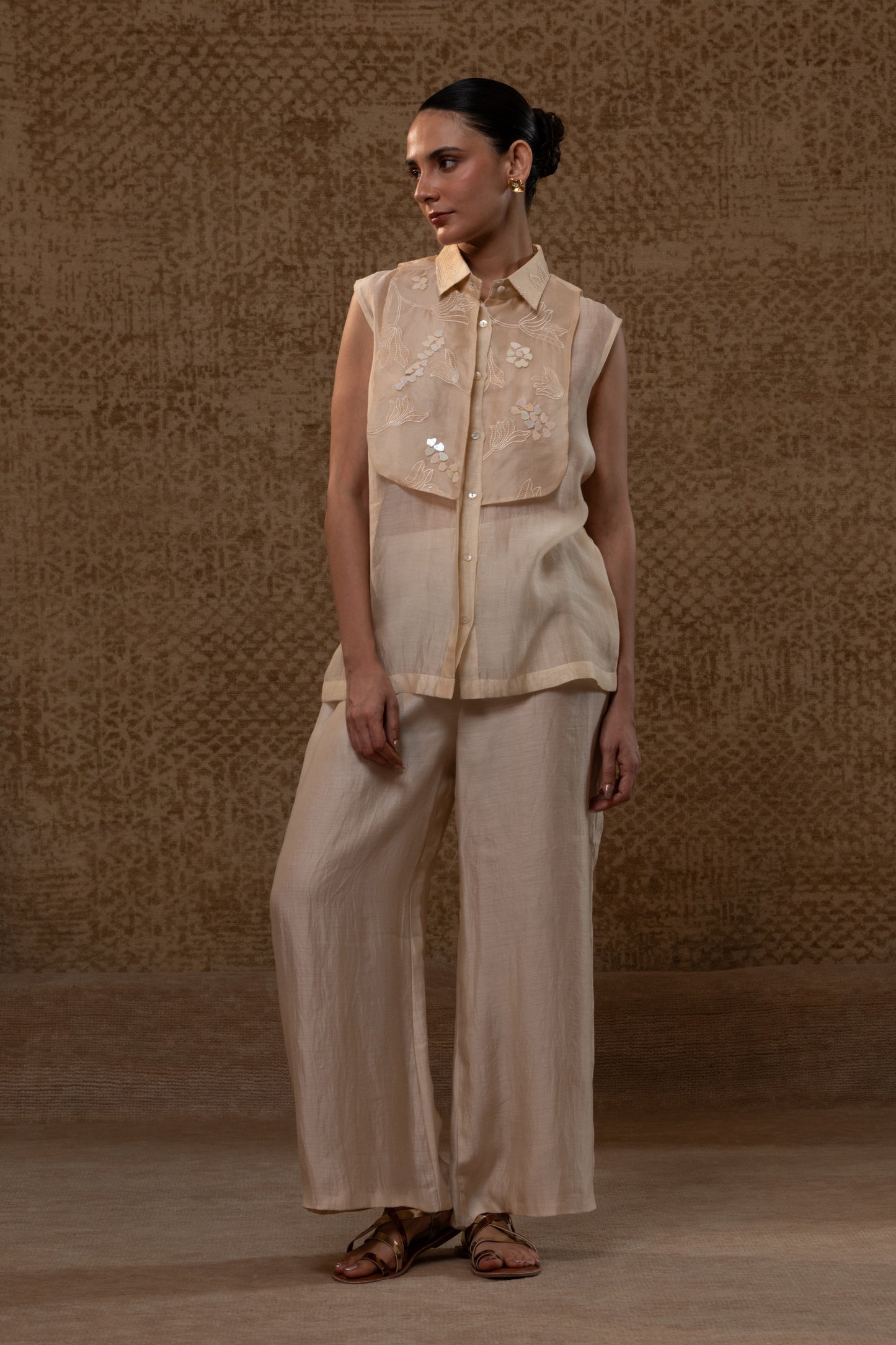 Taral Applique Yolk Shirt Set - Off-White