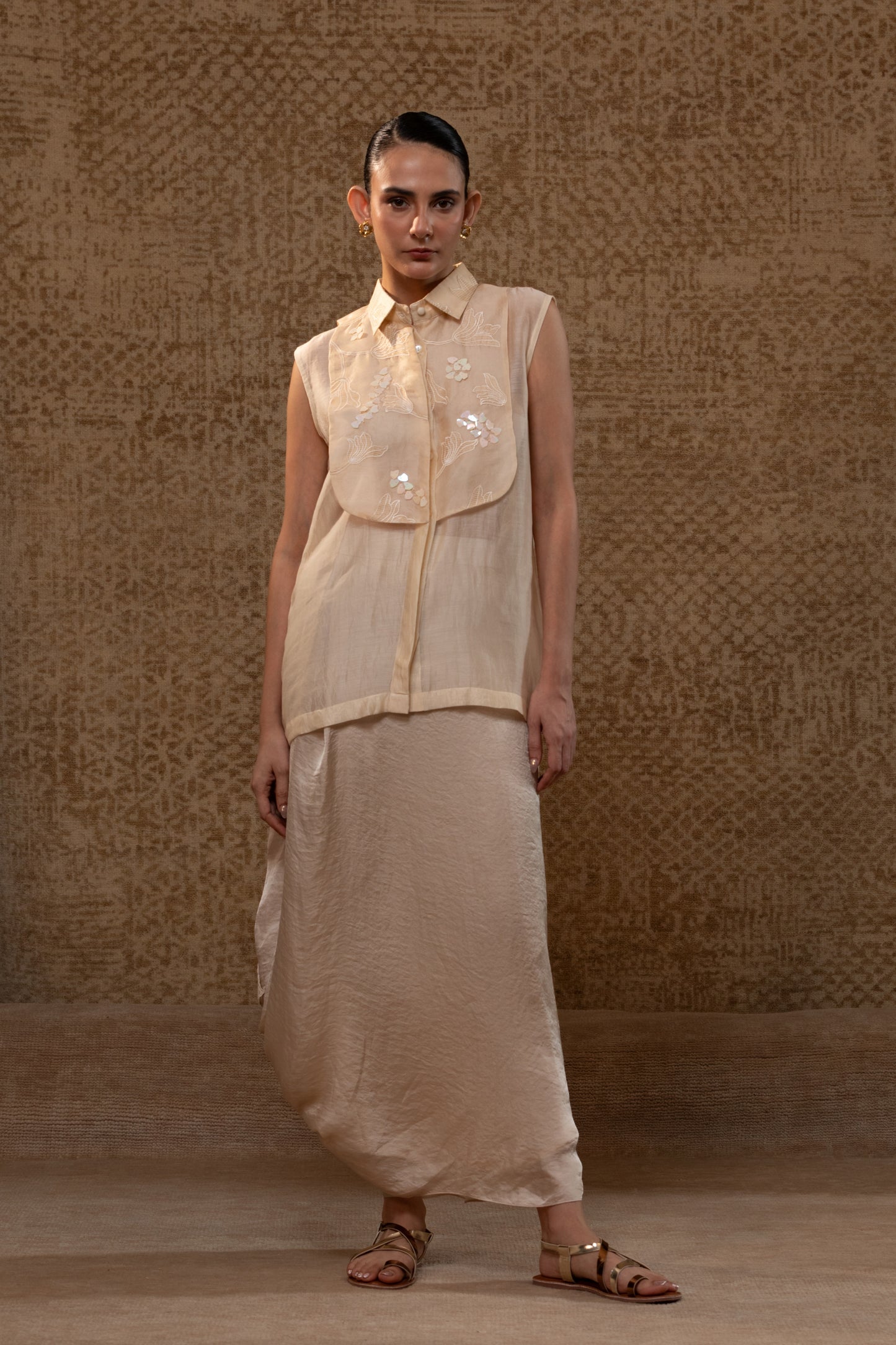 Taral Applique Yolk Shirt Skirt Set - Off-White