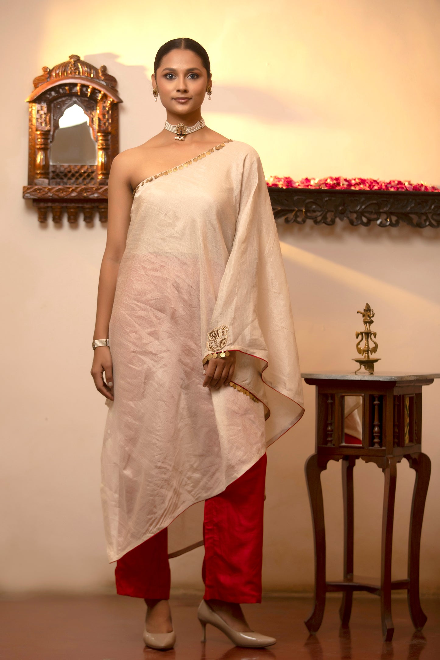 Parv - One Side Shoulder Silver Kurta Set