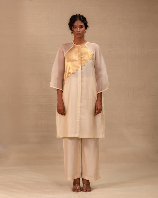 Eeda Silk Chanderi Kurta Set with Asymmetrical Patchwork - Ivory