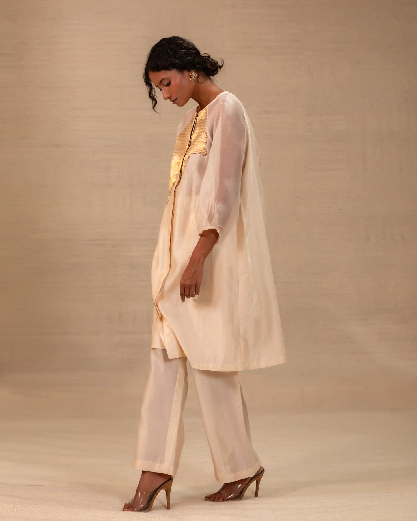 Eeda Silk Chanderi Kurta Set with Asymmetrical Patchwork - Ivory