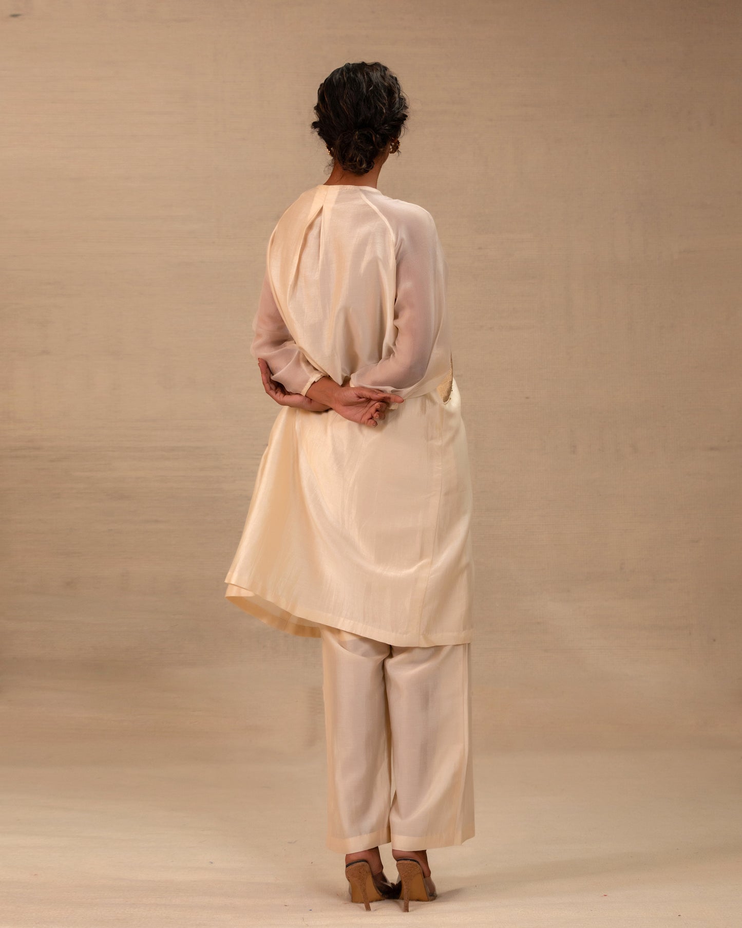 Eeda Silk Chanderi Kurta Set with Asymmetrical Patchwork - Ivory