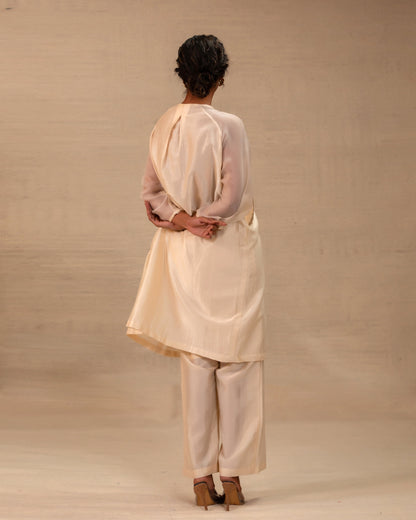 Eeda Silk Chanderi Kurta Set with Asymmetrical Patchwork - Ivory