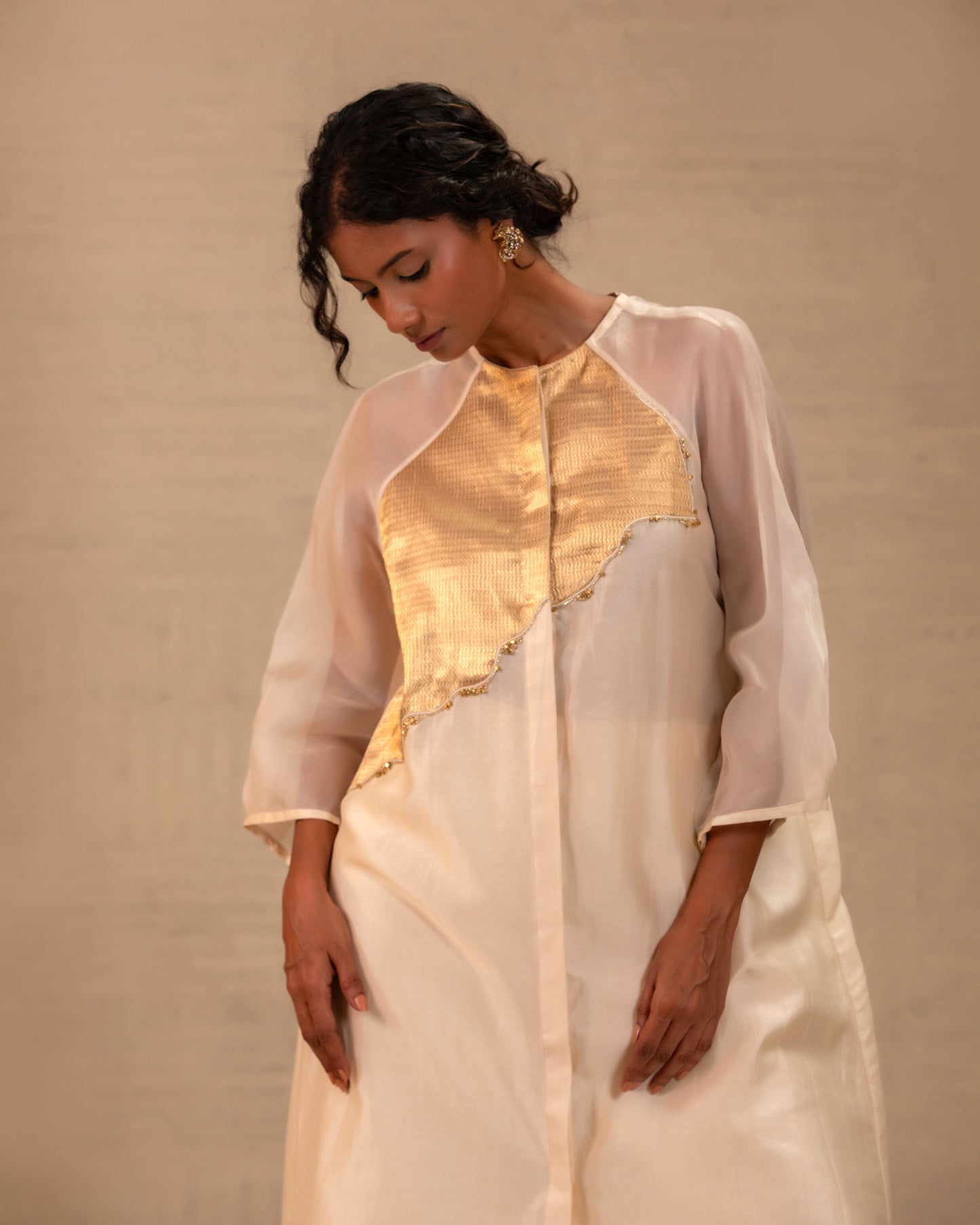 Eeda Silk Chanderi Kurta Set with Asymmetrical Patchwork - Ivory