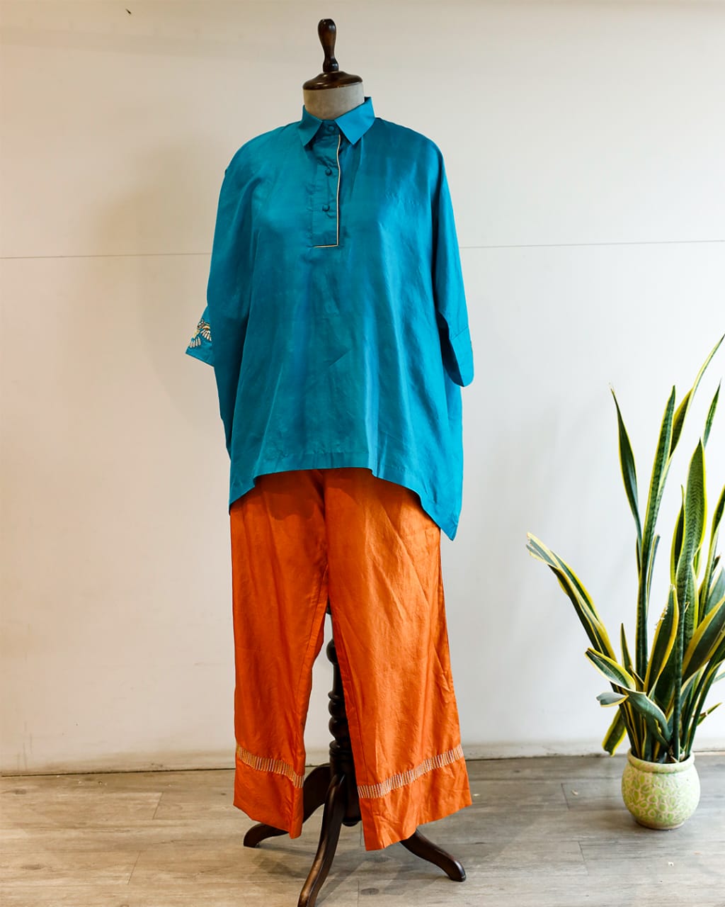 Aara Silk Top with Pant - Blue