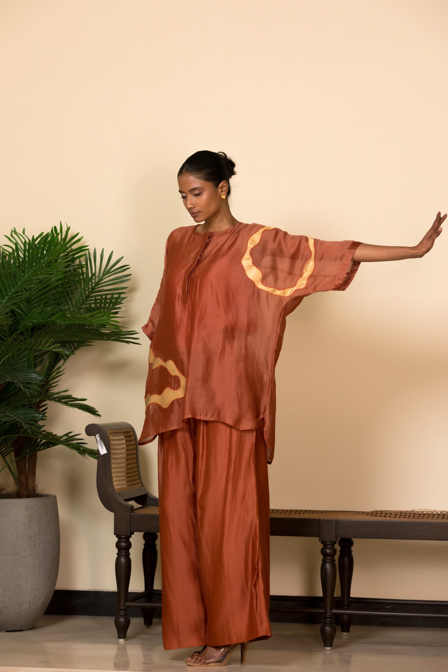 Rust designer shirt for women with work by indo western designer Eeda