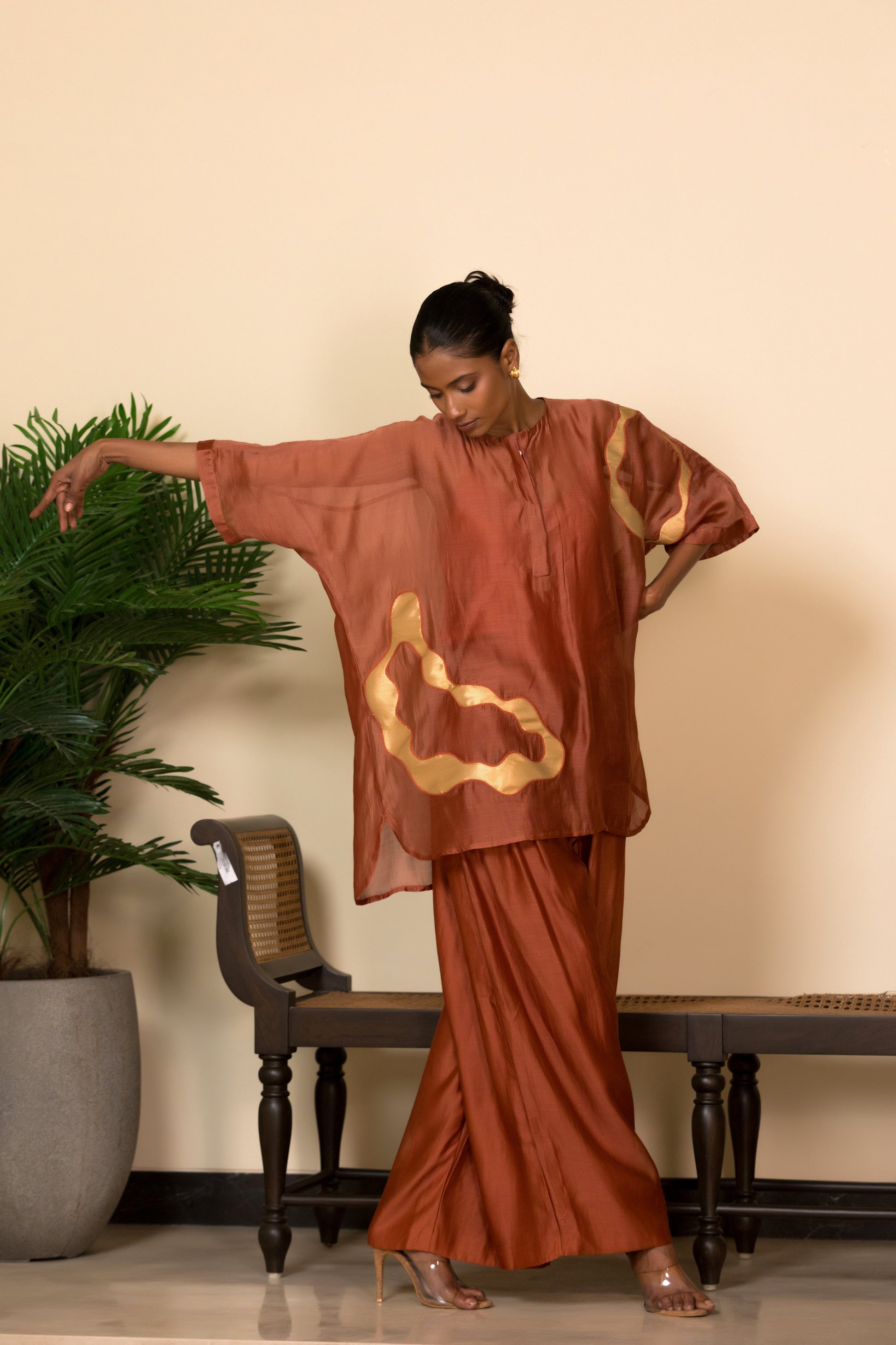 Rust Banarasi silk shirt for women with asymmetrical patchwork