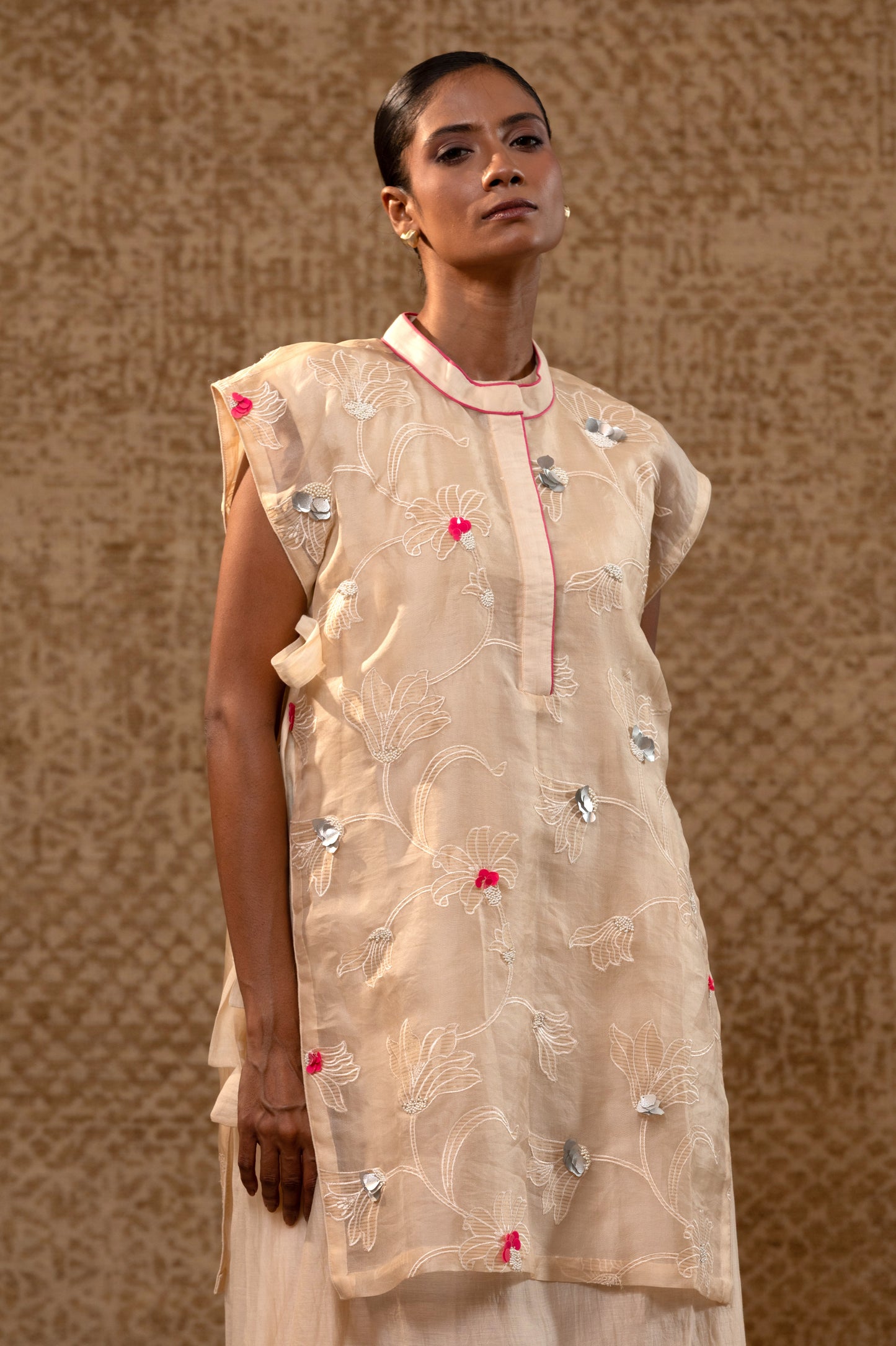 Taral A-Line Organza Applique Dress - Off-White
