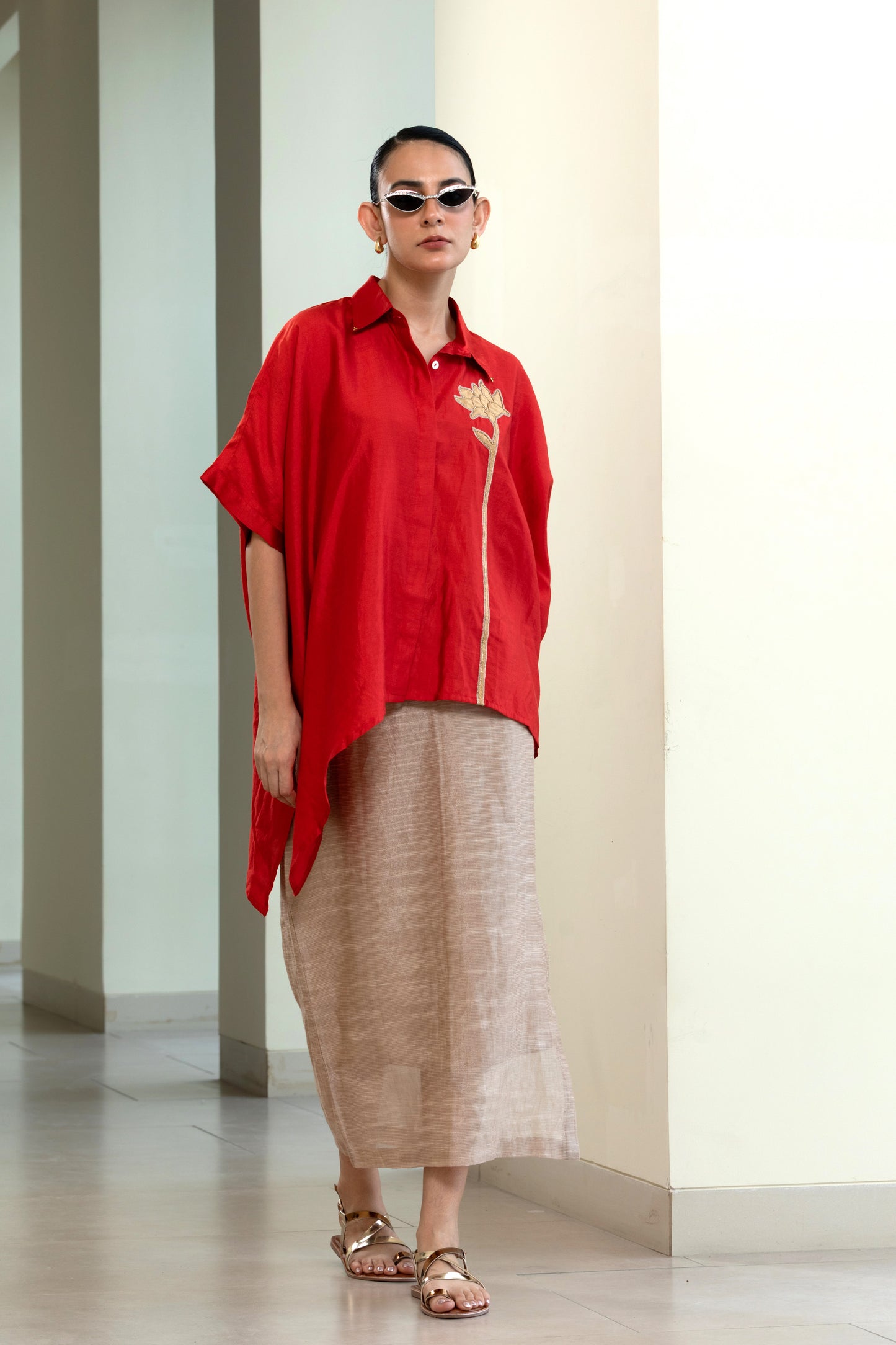 Asymmetrical Rose  Shirt -Red