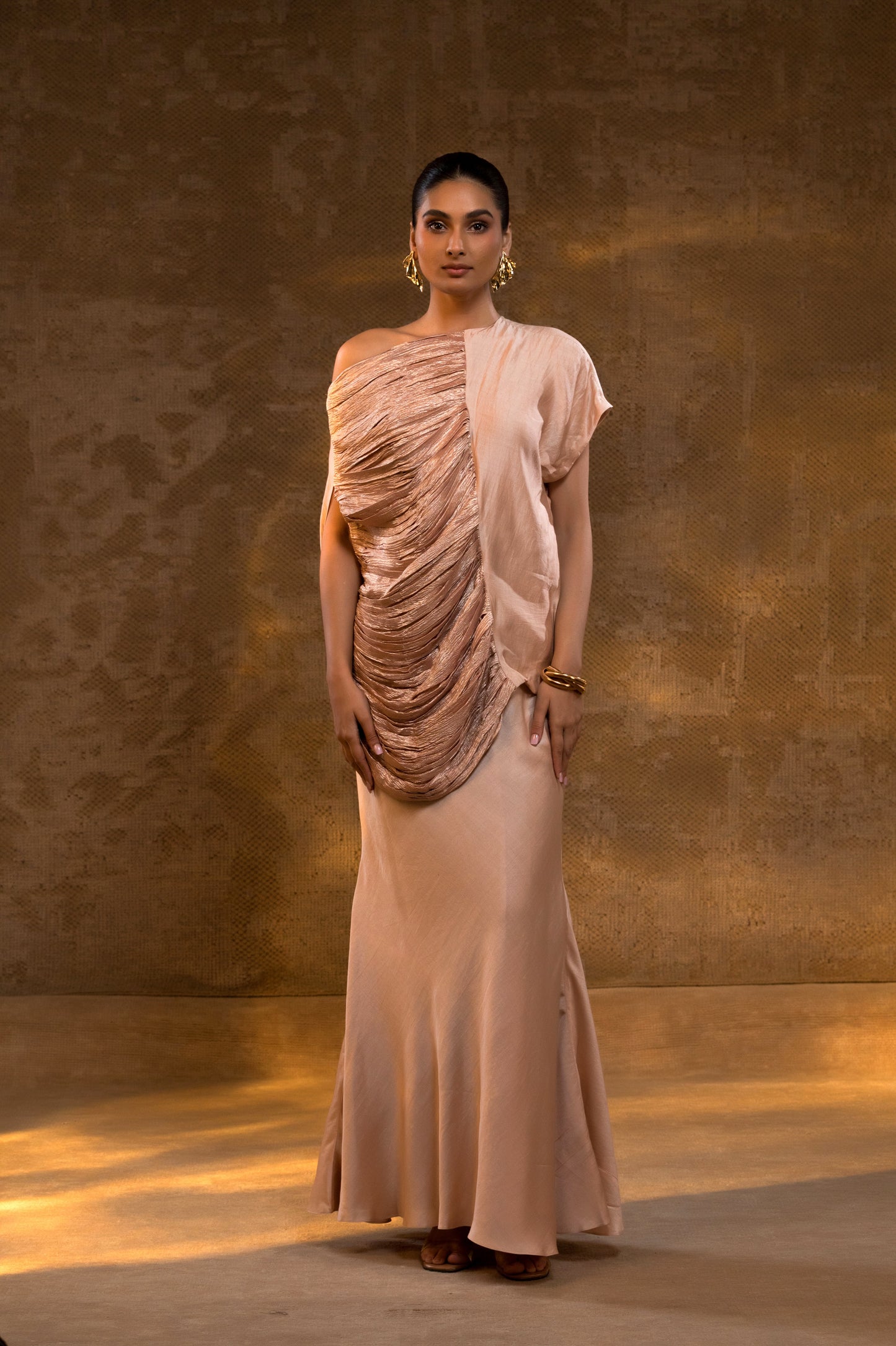 Agneya Silk One Shoulder Draped Skirt Set - Blush