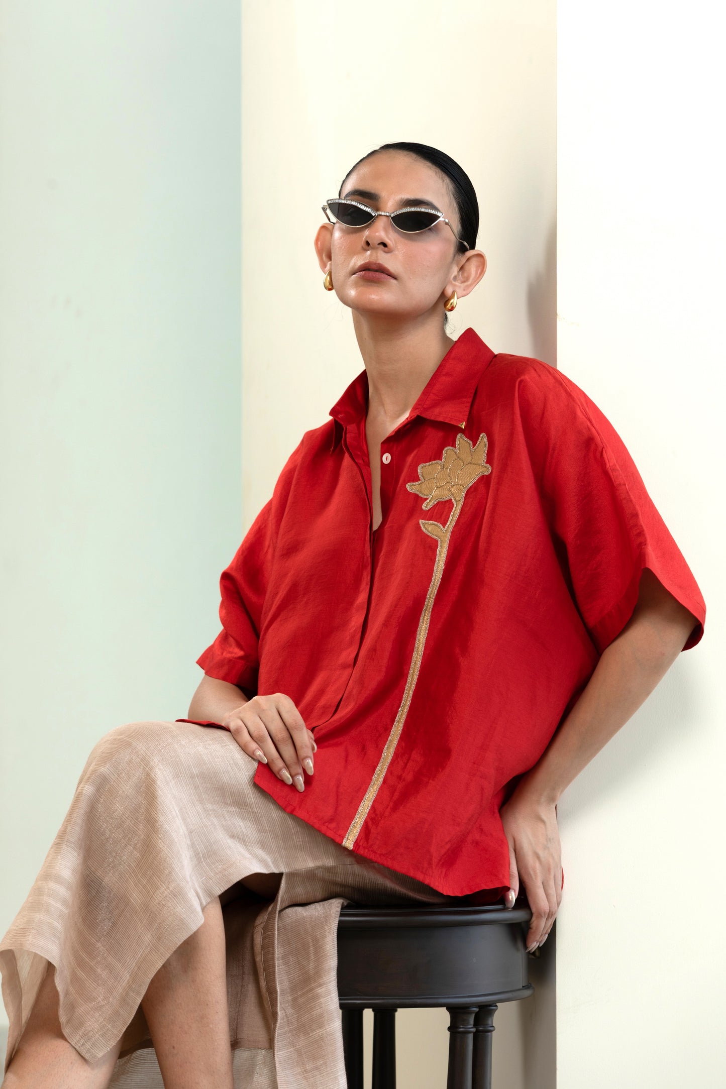 Asymmetrical Rose  Shirt -Red