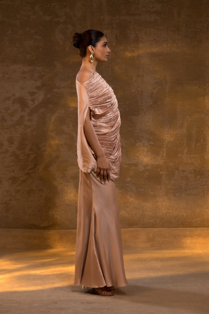 Agneya Silk One Shoulder Draped Skirt Set - Blush