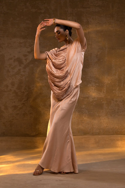 Agneya Silk One Shoulder Draped Skirt Set - Blush