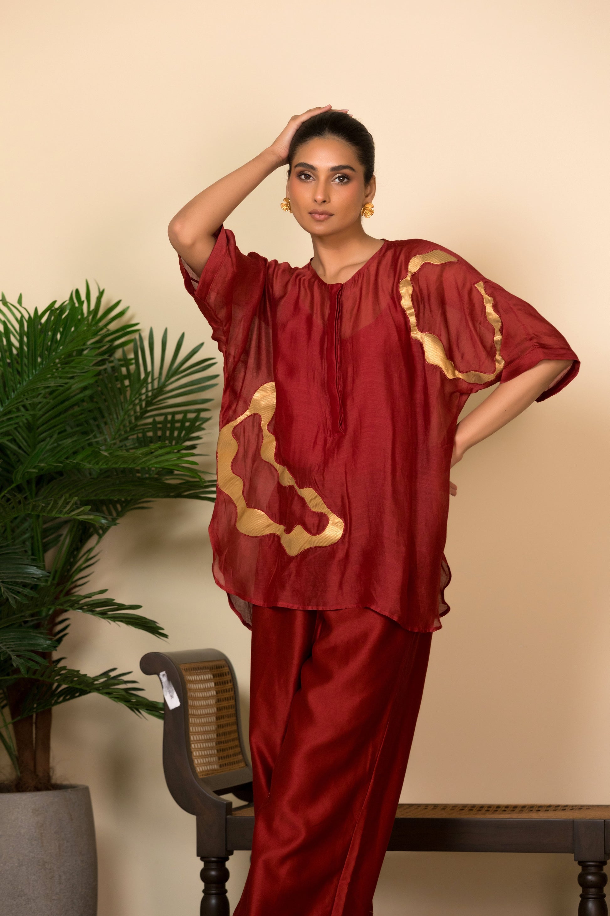 Red silk shirt with asymmetrical patchwork for women, elegant Indian designer wear