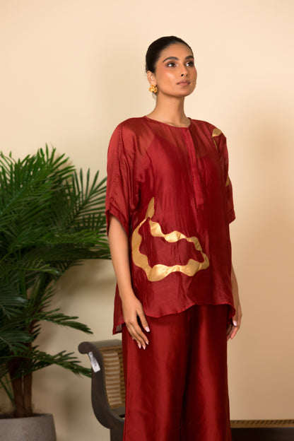 Red coord set in silk chanderi with asymmetrical patchwork for women, elegant Indian designer wear