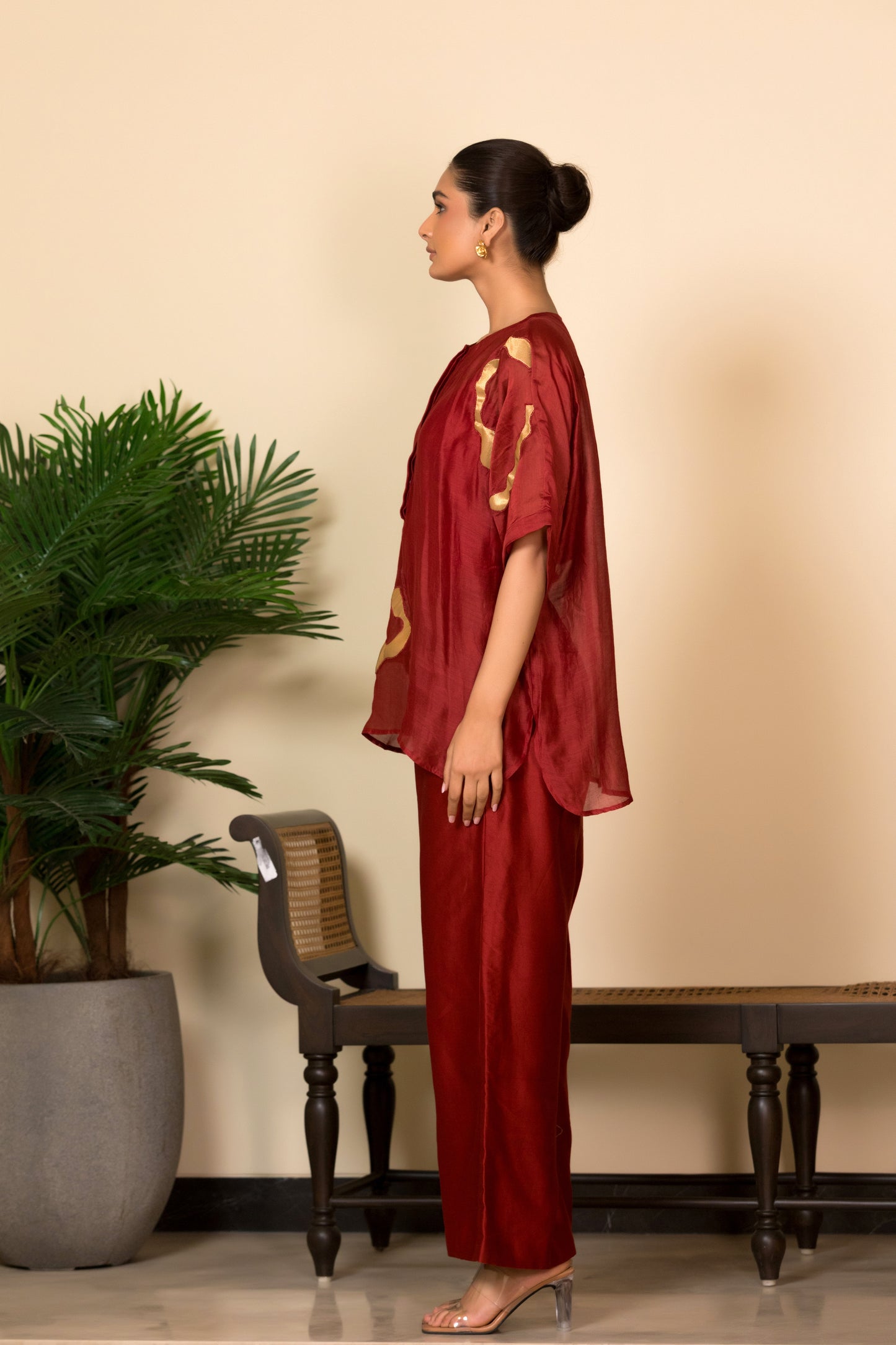 Red short kurta set in silk chanderi with asymmetrical patchwork for women, smart Indo western designer wear
