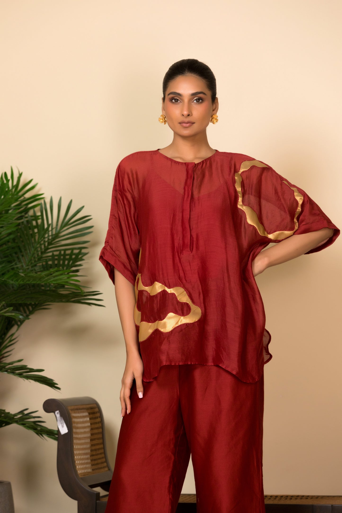 Red cord option with applique hwork for women, Indian designer wear eeda