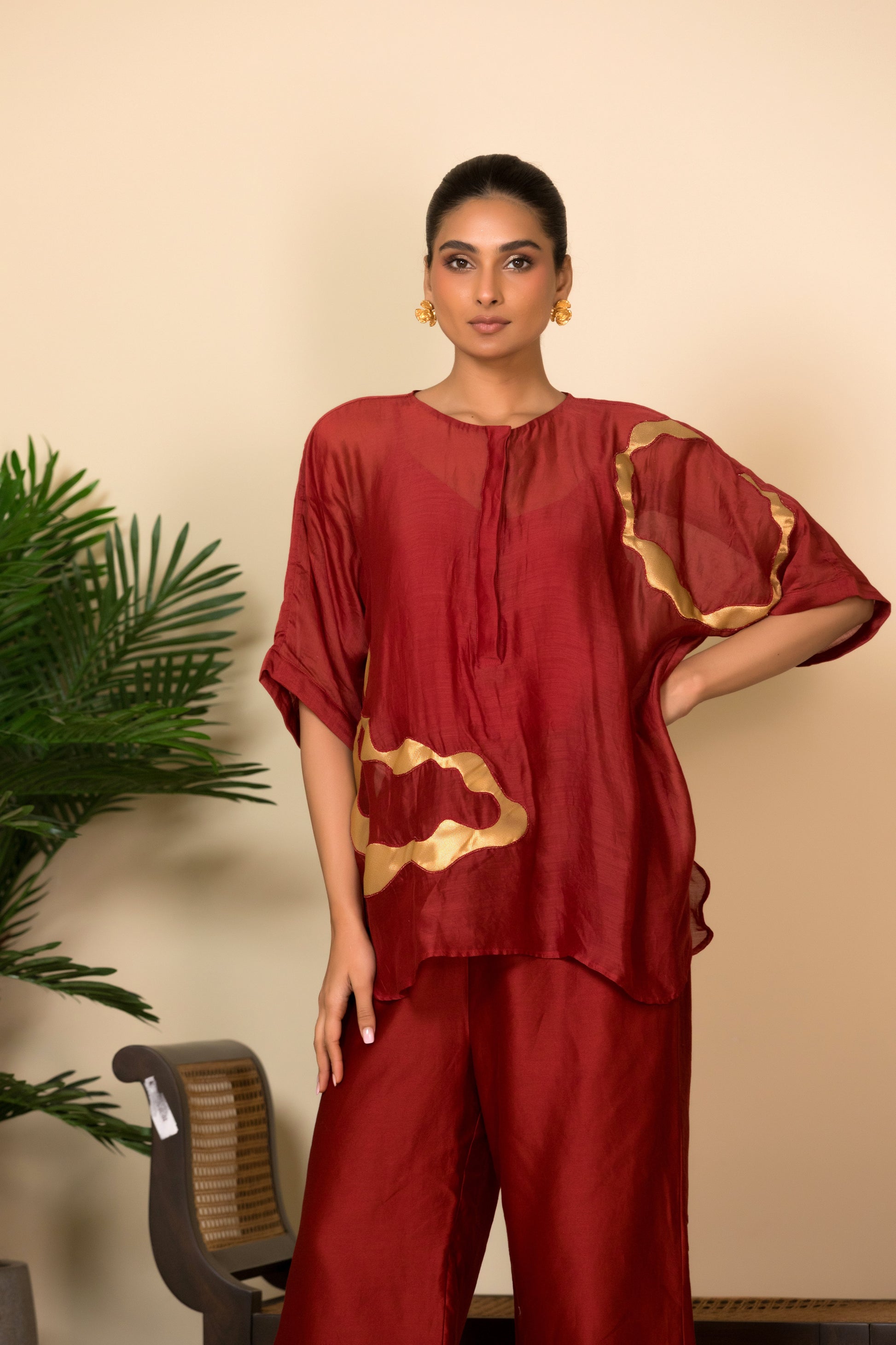 Red cord option with applique hwork for women, Indian designer wear eeda