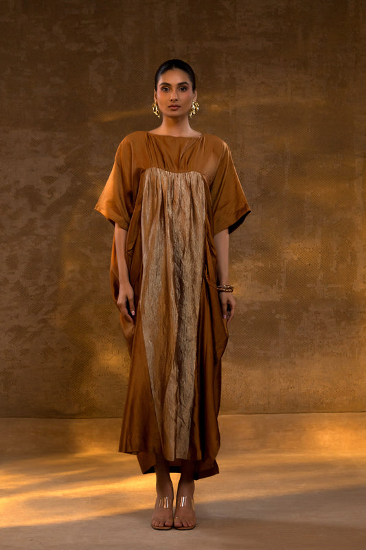 Agneya Silk & Crushed Tissue Kaftan Dress - DarkAmber