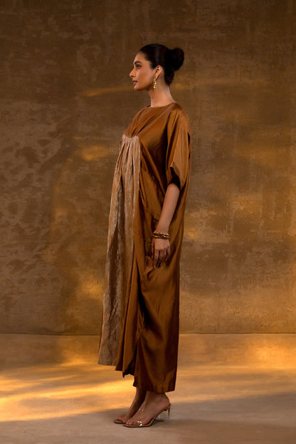 Agneya Silk & Crushed Tissue Kaftan Dress - DarkAmber
