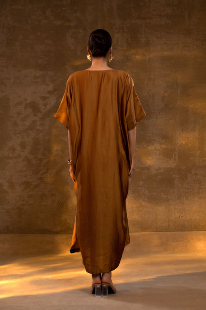 Agneya Silk & Crushed Tissue Kaftan Dress - DarkAmber