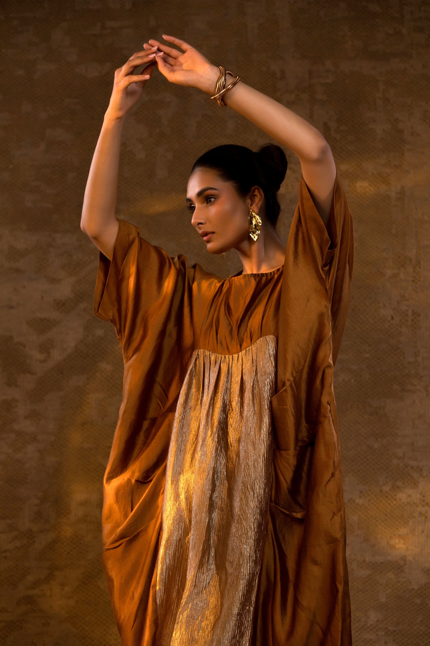 Agneya Silk & Crushed Tissue Kaftan Dress - DarkAmber