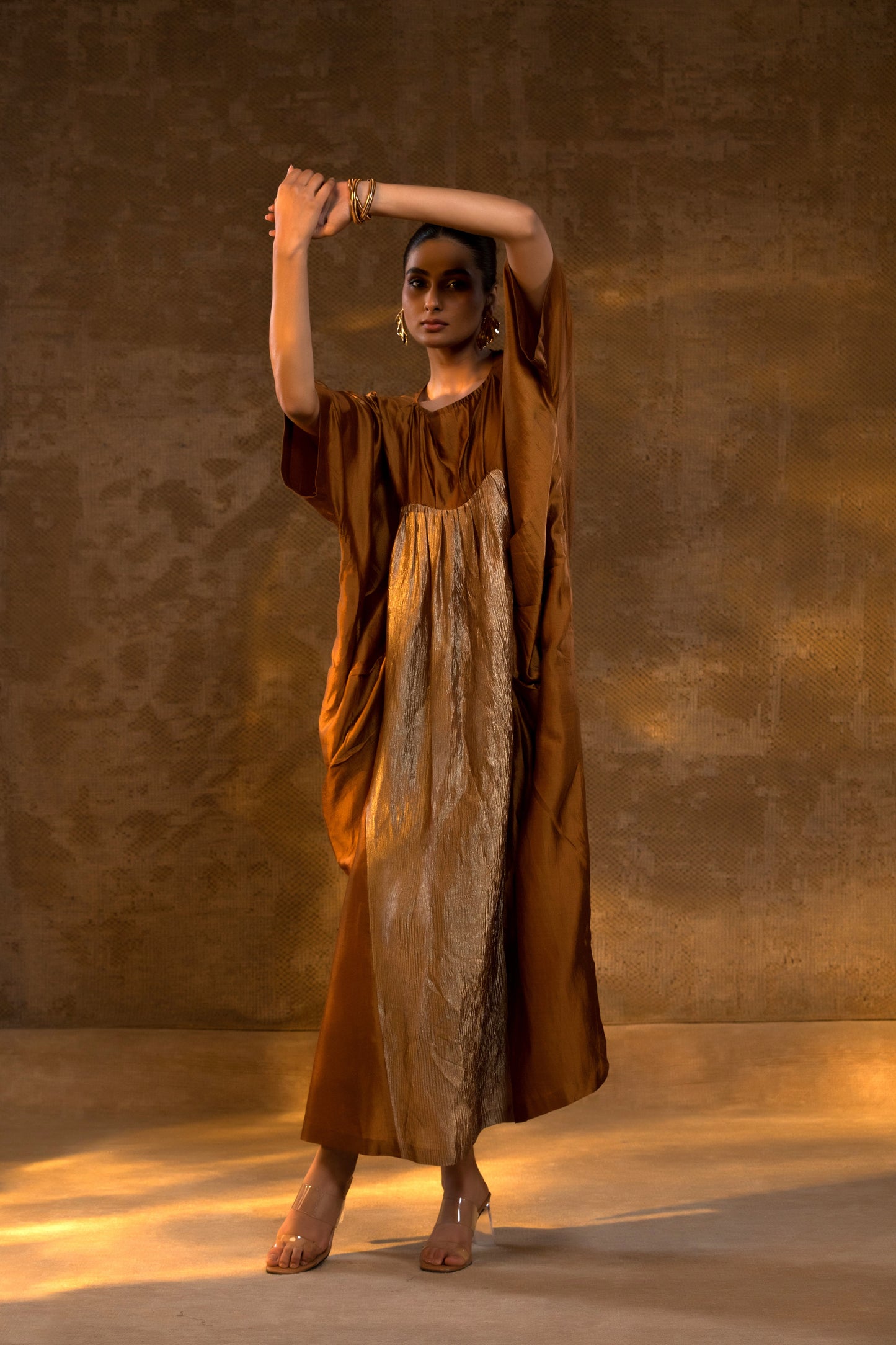 Agneya Silk & Crushed Tissue Kaftan Dress - DarkAmber