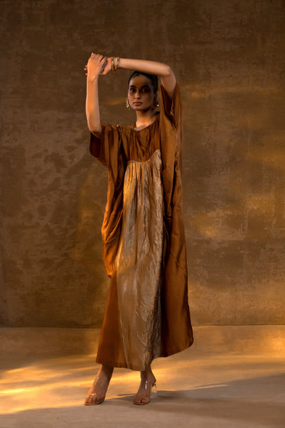 Agneya Silk & Crushed Tissue Kaftan Dress - DarkAmber