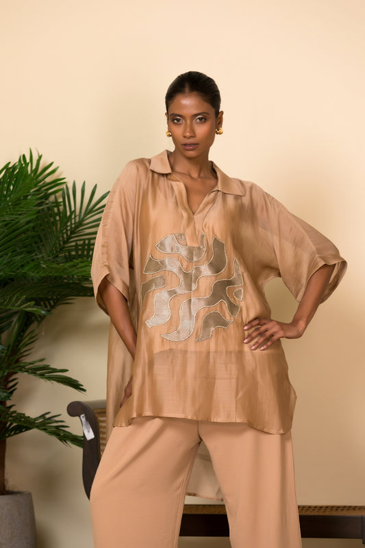 Beige Banarasi silk shirt for women with handcrafted patchwork, Indian designer wear suitable for festive and formal occasions.