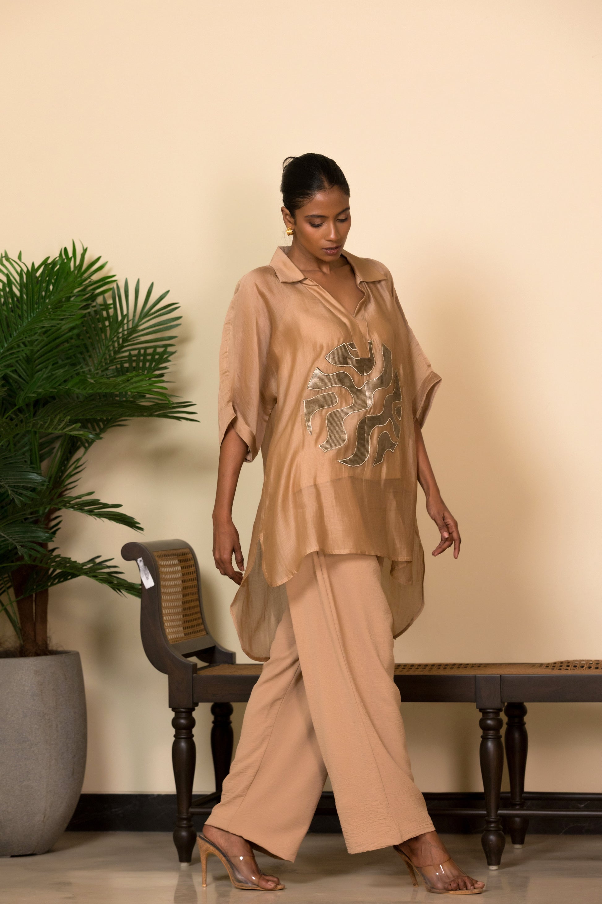 Beige silk patch shirt for women, luxury fashion